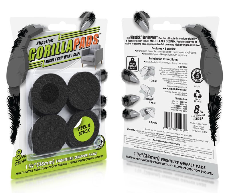 Slipstick GorillaPads CB149 Non-Slip Furniture Pads/Rubber Grippers (Set of 8) Self-Adhesive Furniture Feet Floor Protectors, 1-1/2 inch Round, Black - Image 2